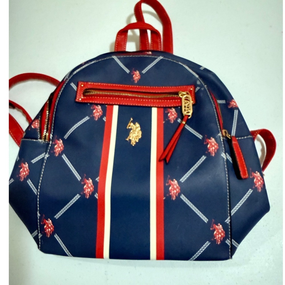 US Polo Assn Mini Backpack Navy Blue Red White Striped Logo Faux Leather Bag